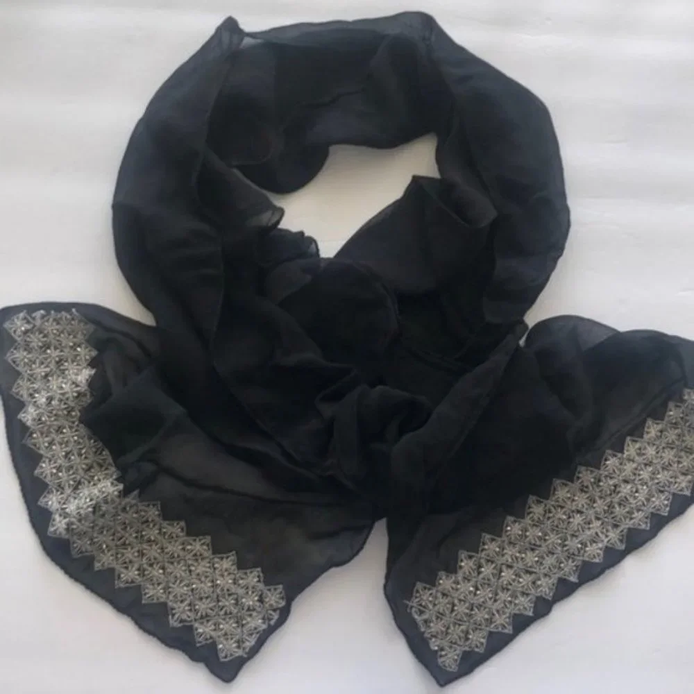 Scarf Black Sheer Wrap Beaded Ends New
